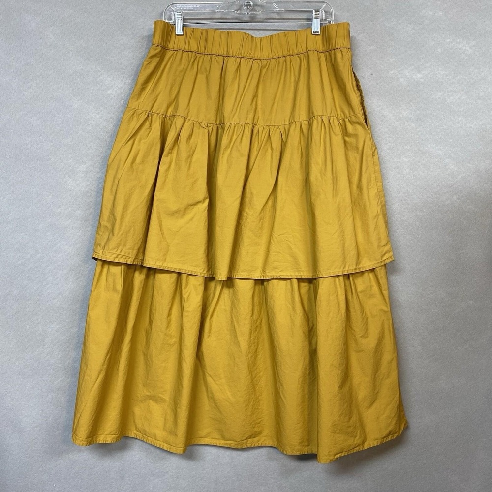 Who What Wear Women L Tiered Skirt Mustard Yellow Cotton Elastic Midi Boho - Picture 2 of 10